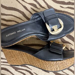 Antonio Melani Black and Gold Wedge Sandals with Elegant Buckle
